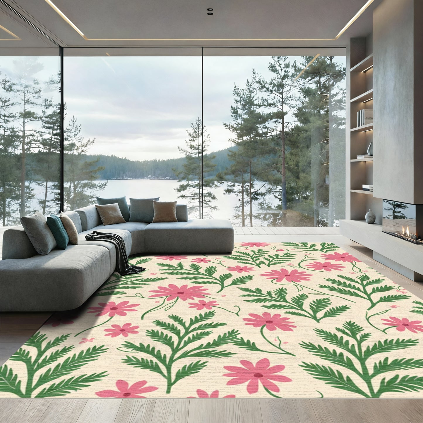 Pink Daisy Green Fern Garden Pattern Rug
