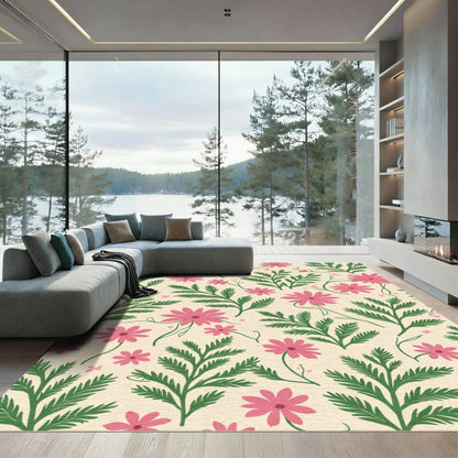 Pink Daisy Green Fern Garden Pattern Rug