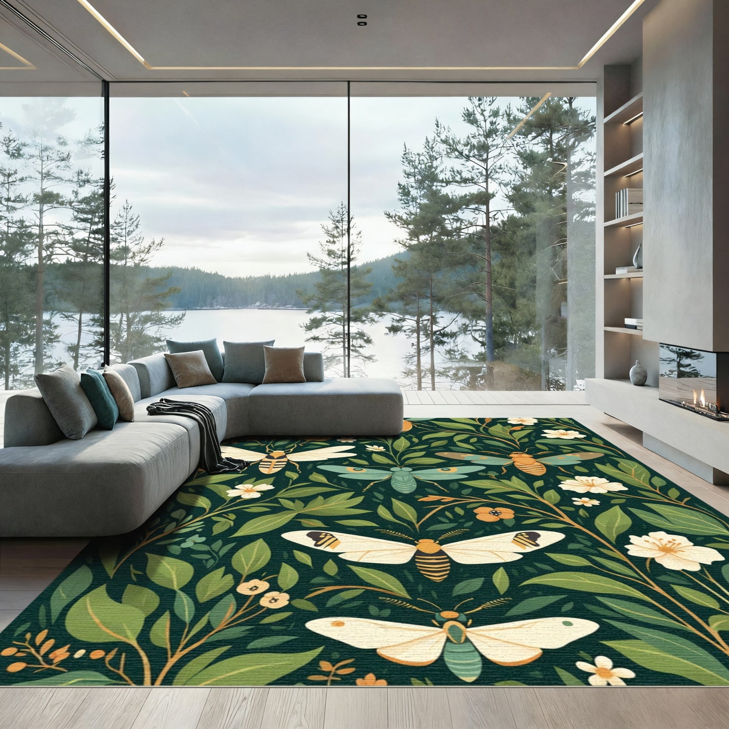 Botanical Insects With White Flowers Rug