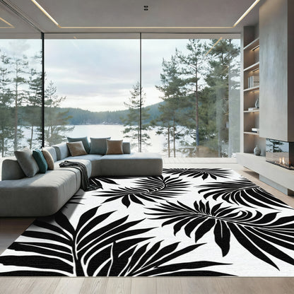 Black Palm Frond Tropical Leaf Composition Rug