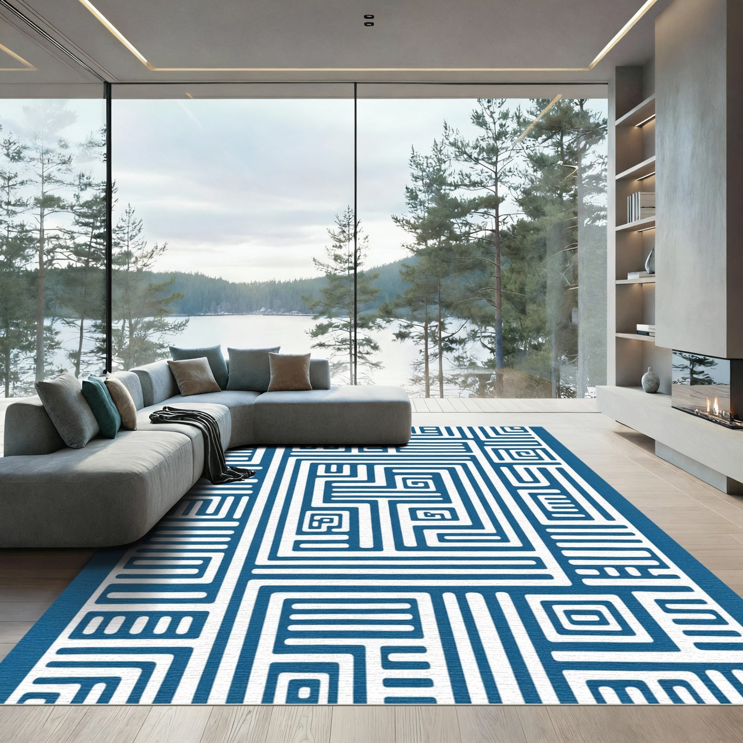 Bold Blue White Maze Geometric Composition Rug