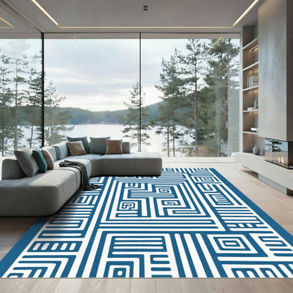 Bold Blue White Maze Geometric Composition Rug
