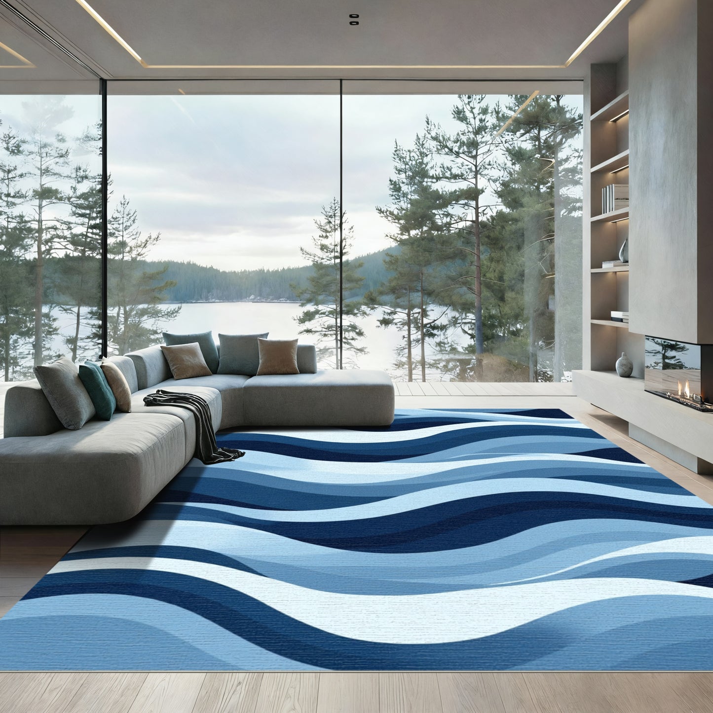 Oceanic Blue Layered Wave Rug