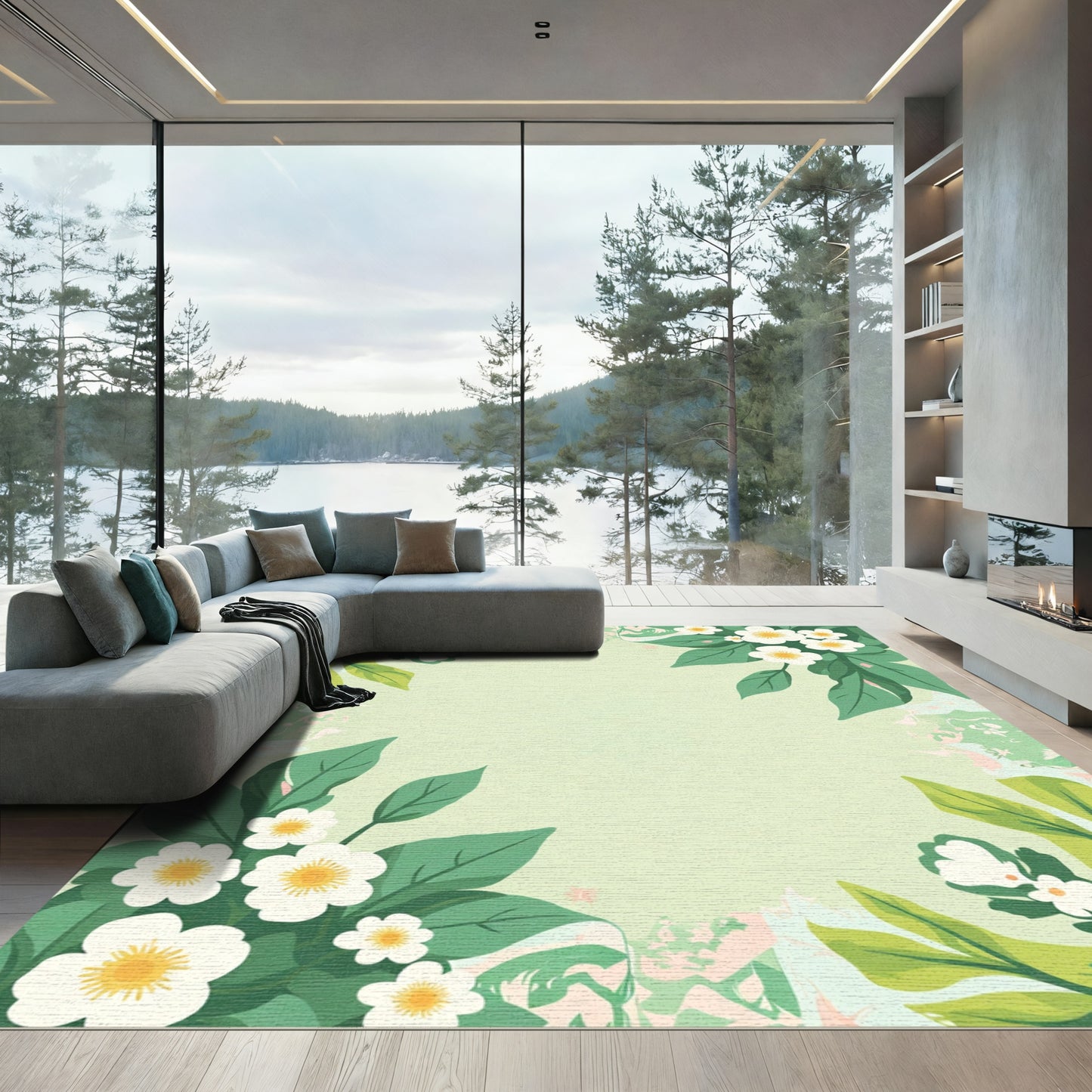 Spring Green Blossom Leaf Border Rug