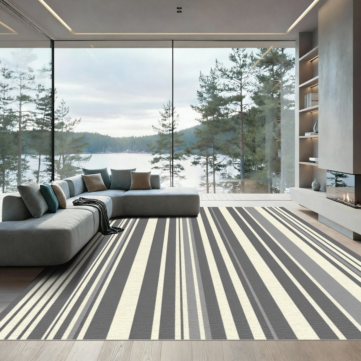Modern Gray Beige Vertical Stripe Rug
