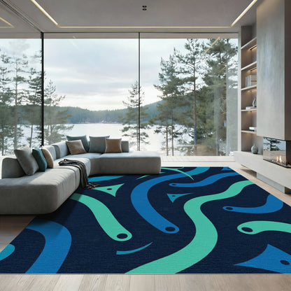 Aqua Blue Fluid Curve Shapes Rug