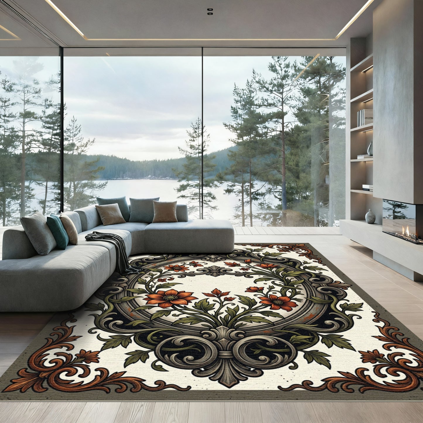 Antique Orange Floral Baroque Frame Rug