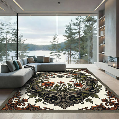 Antique Orange Floral Baroque Frame Rug