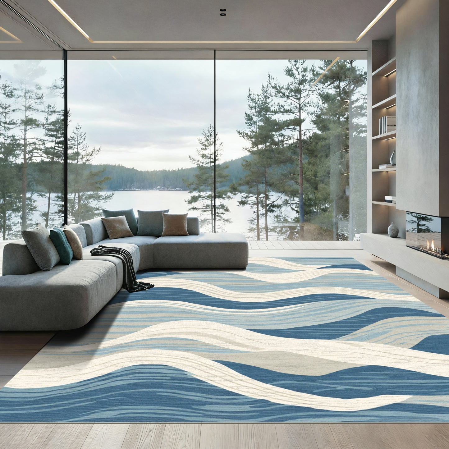 Blue Cream Abstract Wave Rug