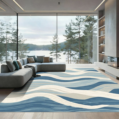 Blue Cream Abstract Wave Rug