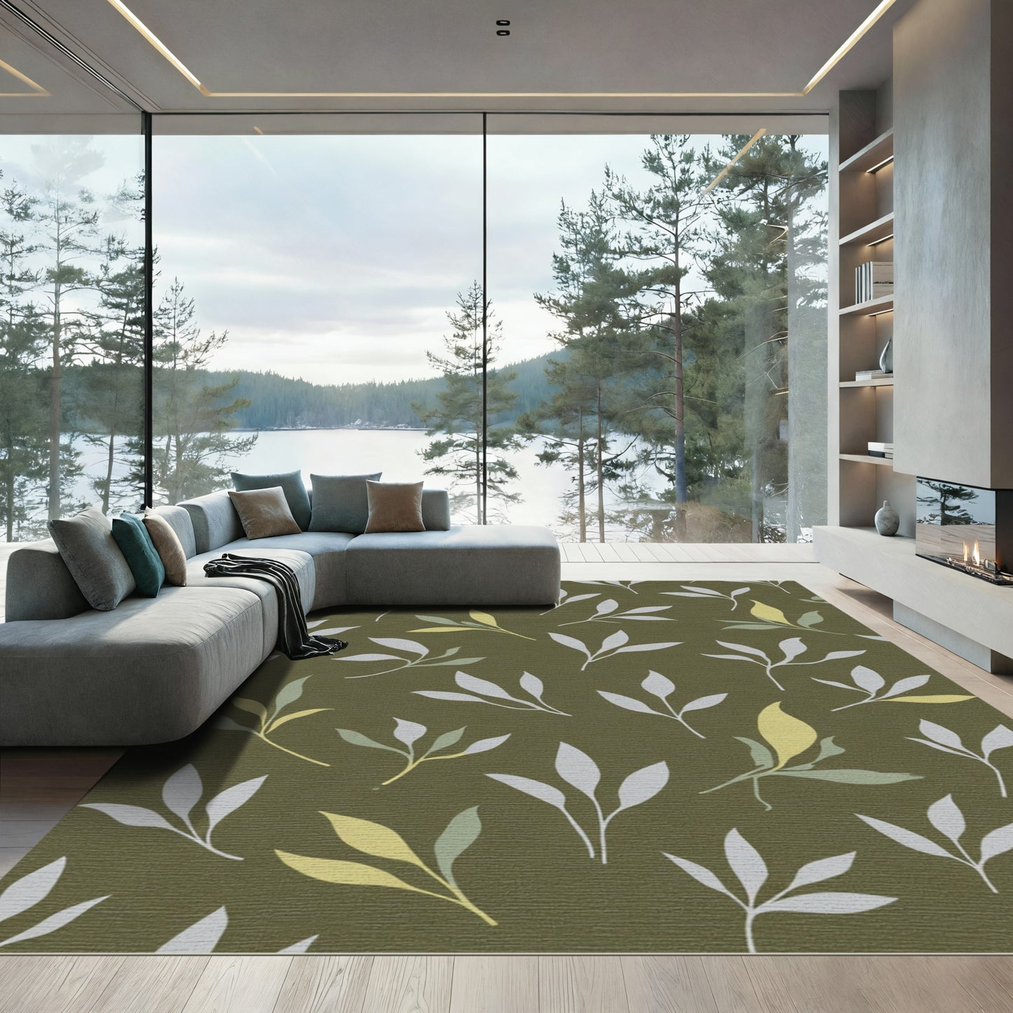 Earthy Green Sage Leaf Scatter Rug
