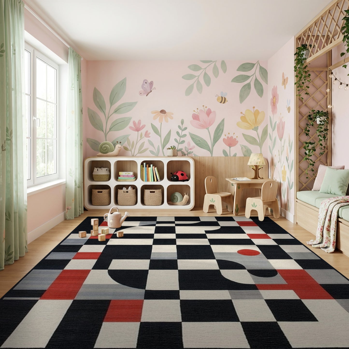 Modern Black White Red Checkerboard Rug