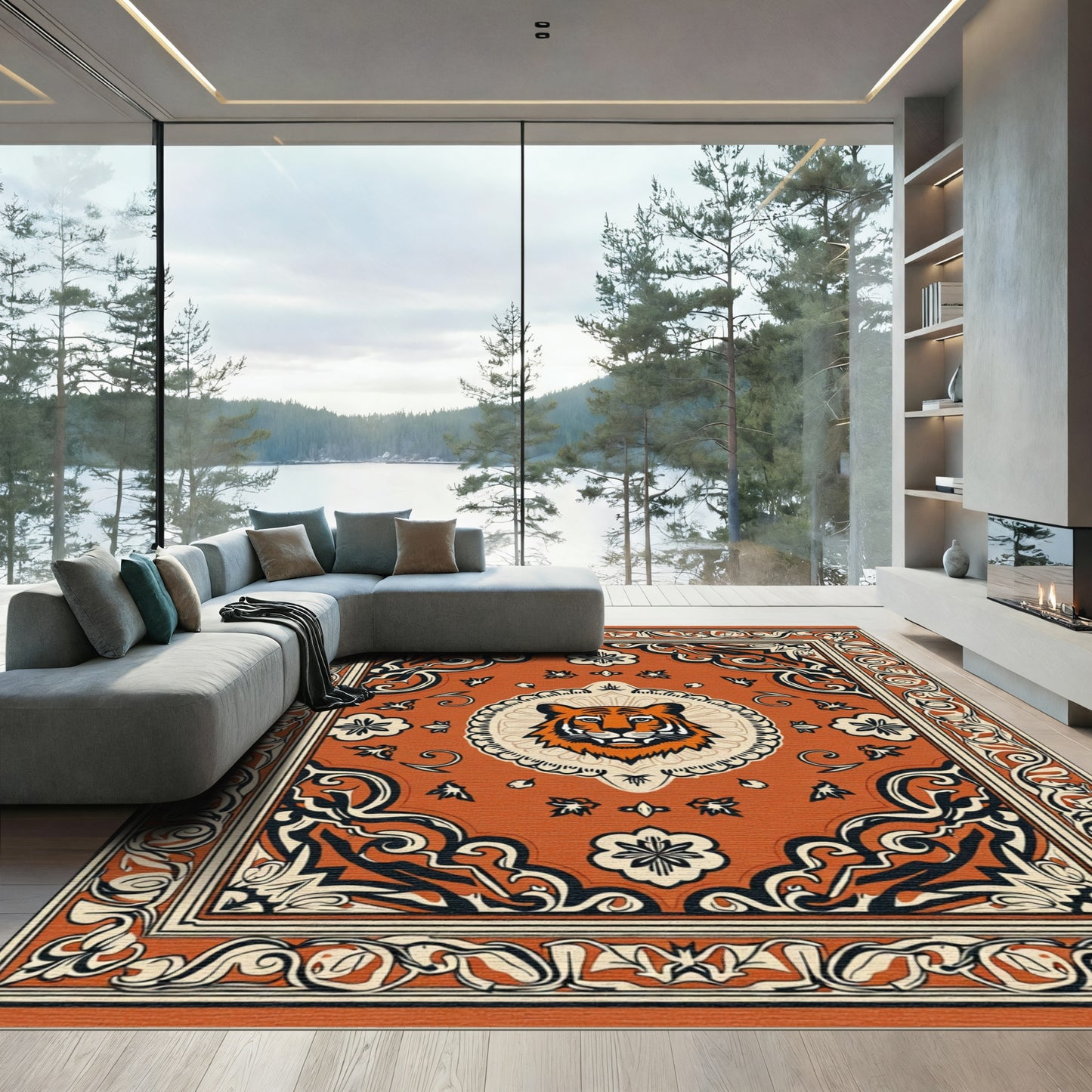 Orange Tiger Face Medallion Border Rug
