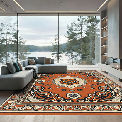 Orange Tiger Face Medallion Border Rug