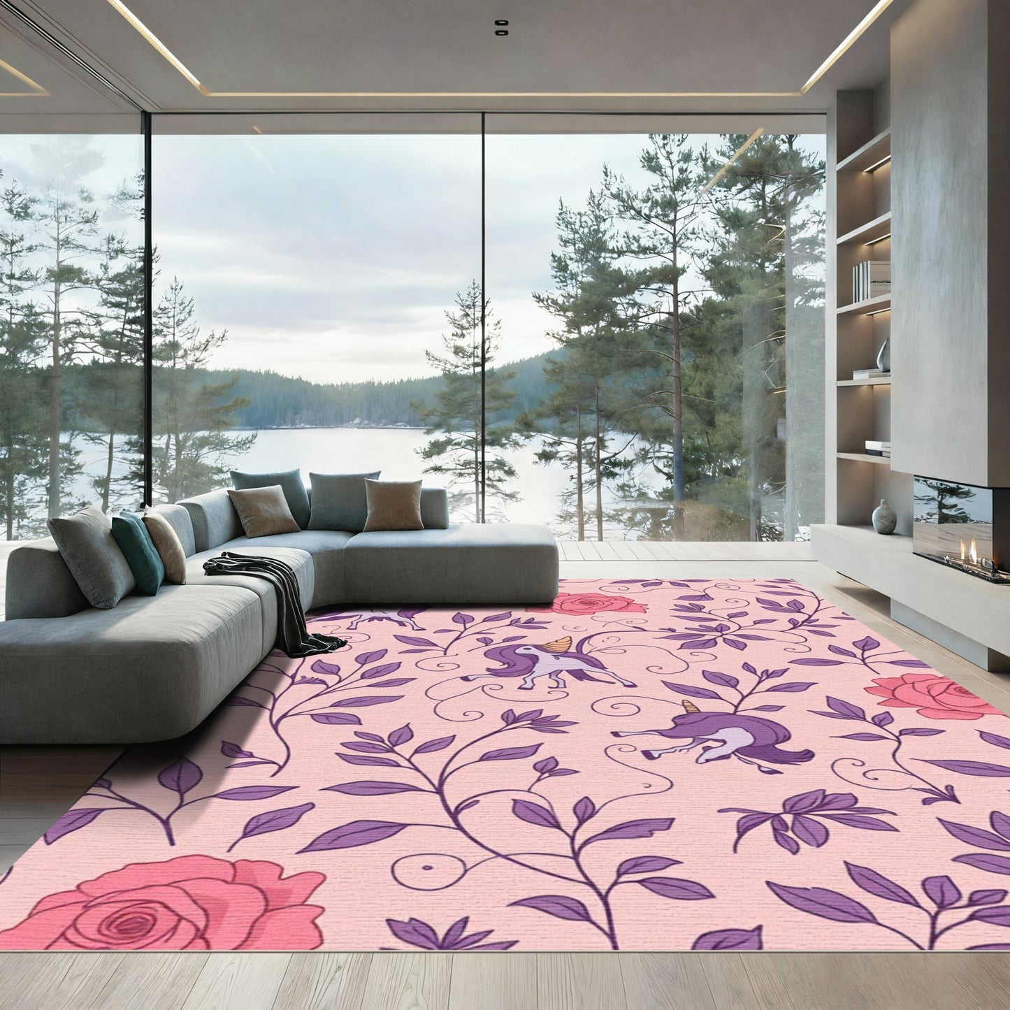 Lavender Unicorn Rose Vine Enchantment Rug