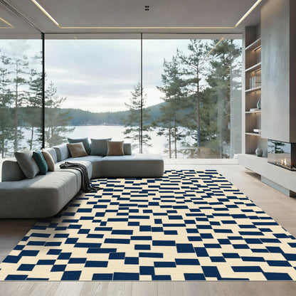 Navy Blue Scattered Rectangles Cream Rug