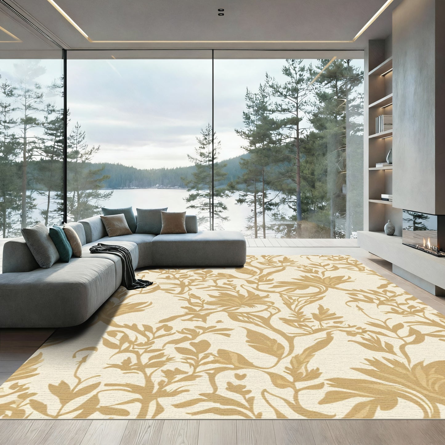 Golden Botanical Vine Scroll Rug