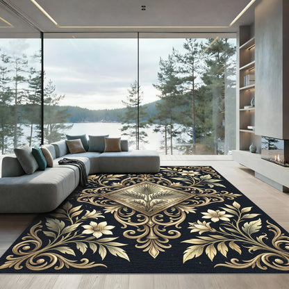 Elegant Golden Floral Diamond Scroll Rug
