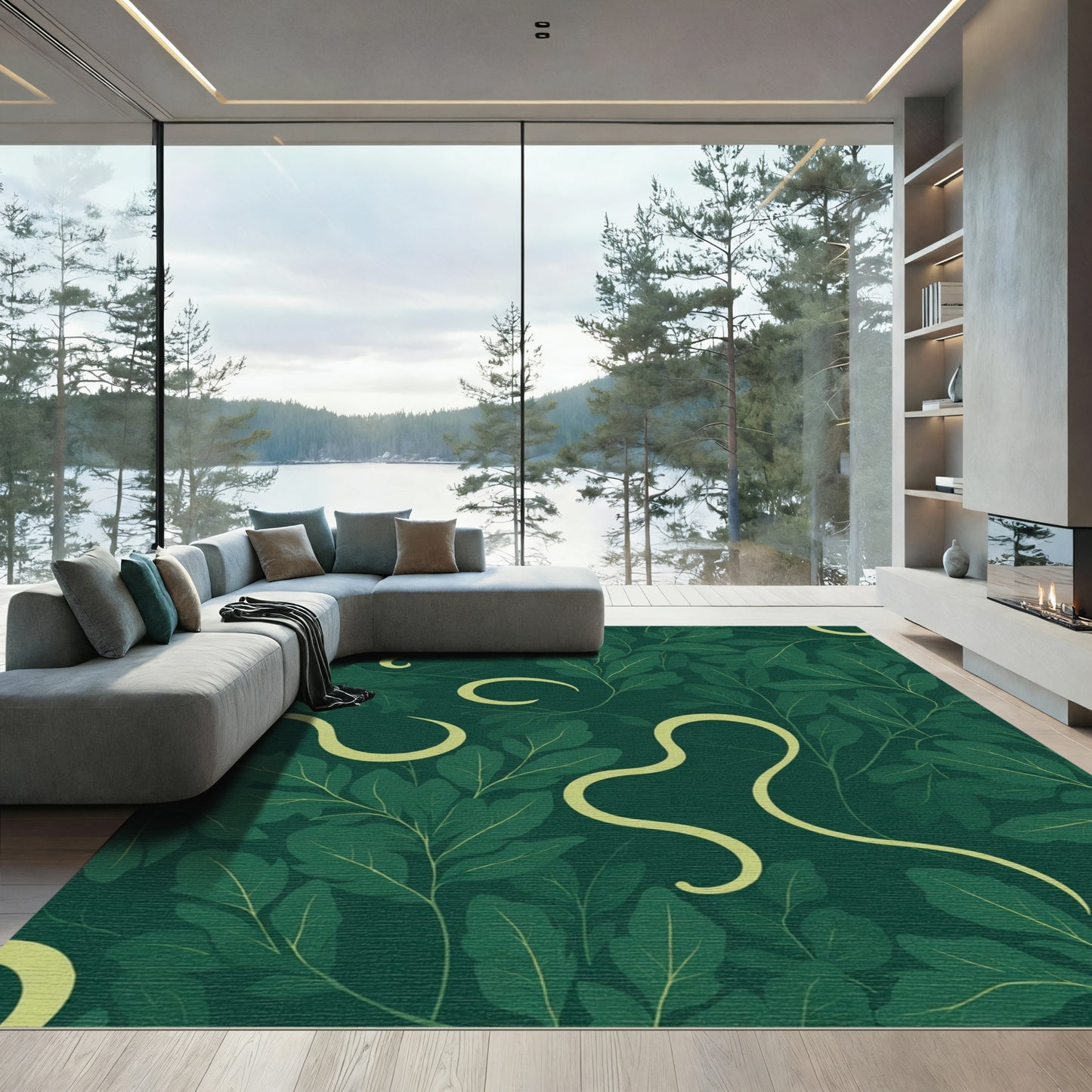 Deep Green Leaf Swirl Overlay Rug