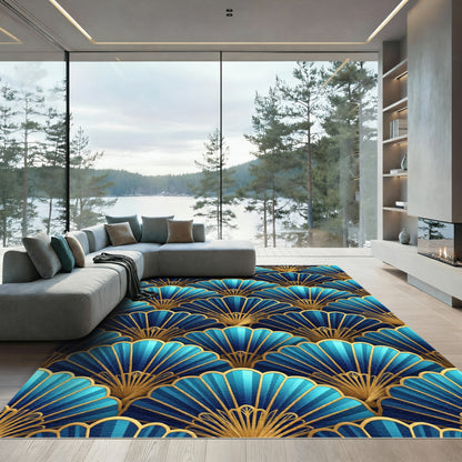 Art Deco Blue Golden Fan Rug