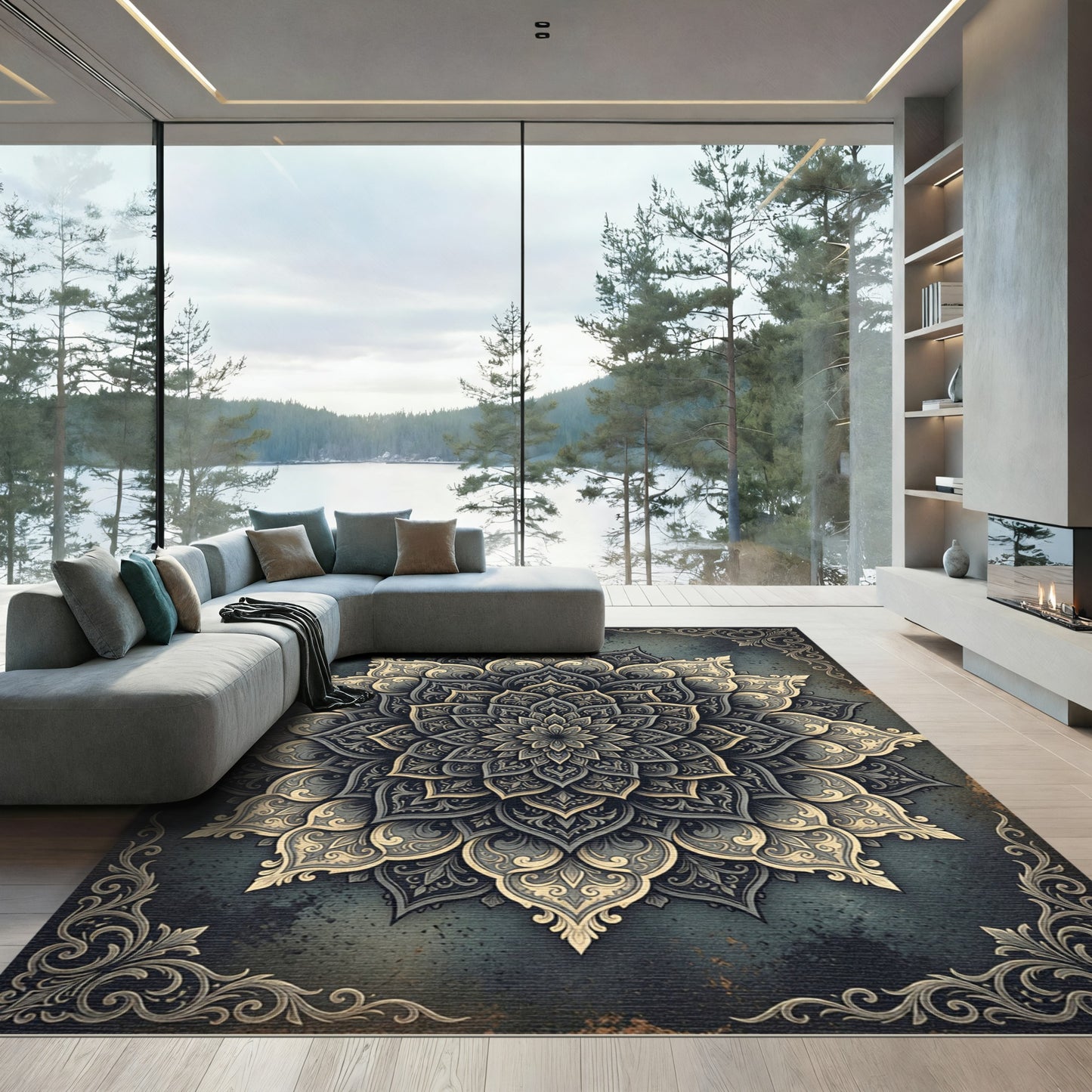 Ornate Charcoal Gold Floral Medallion Rug