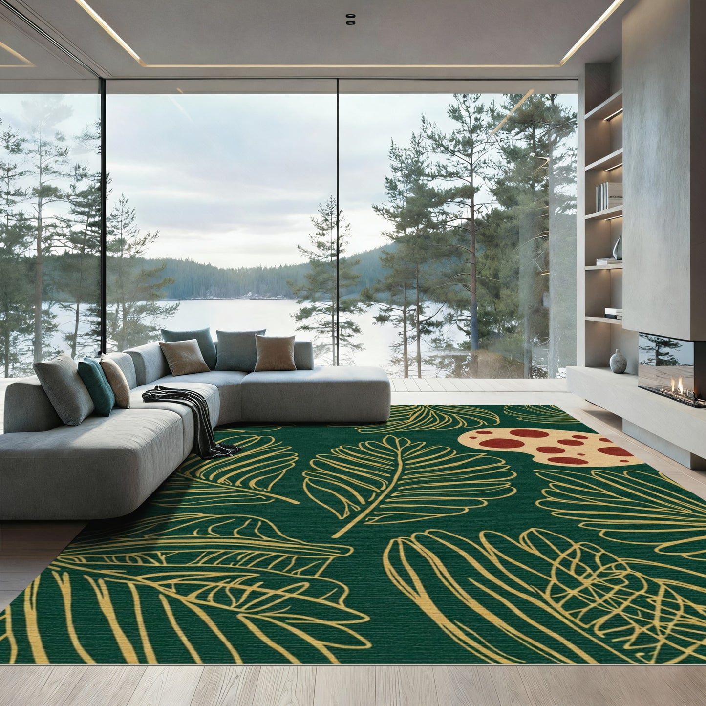 Emerald Green Gold Leaf Composition Rug