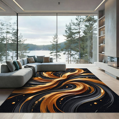 Golden Swirl Abstract Black Liquid Art Rug