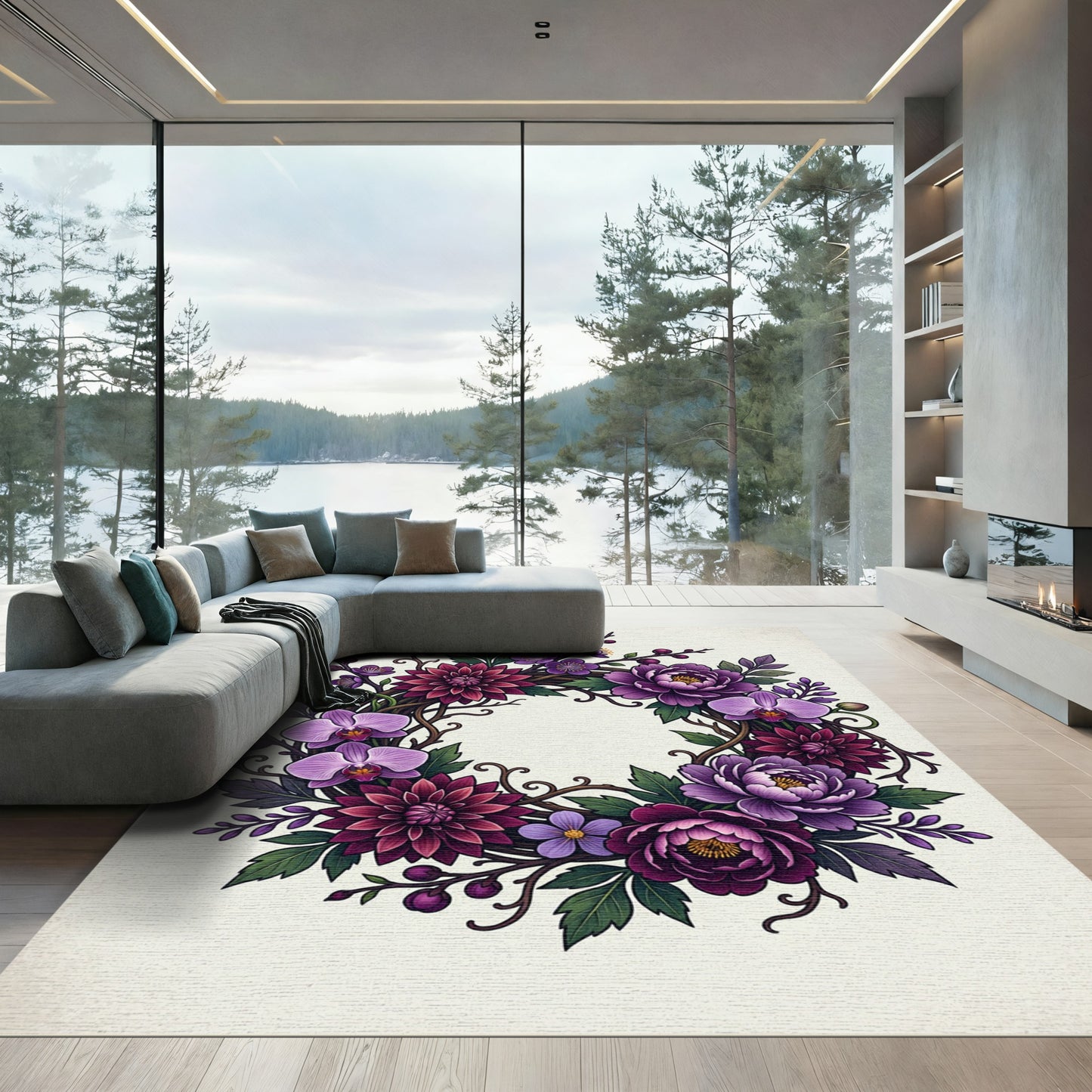 Elegant Purple Orchid Chrysanthemum Wreath Rug