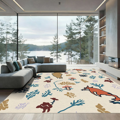 Forest Foxes Mushroom Foliage Scenic Rug