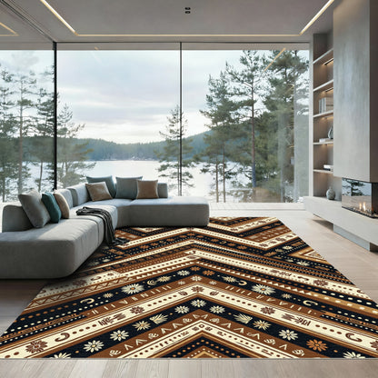 Earthy Brown Chevron Floral Geometric Art Rug