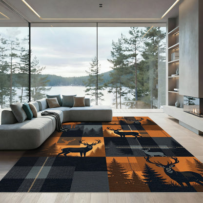 Rustic Deer Plaid Forest Silhouette Rug