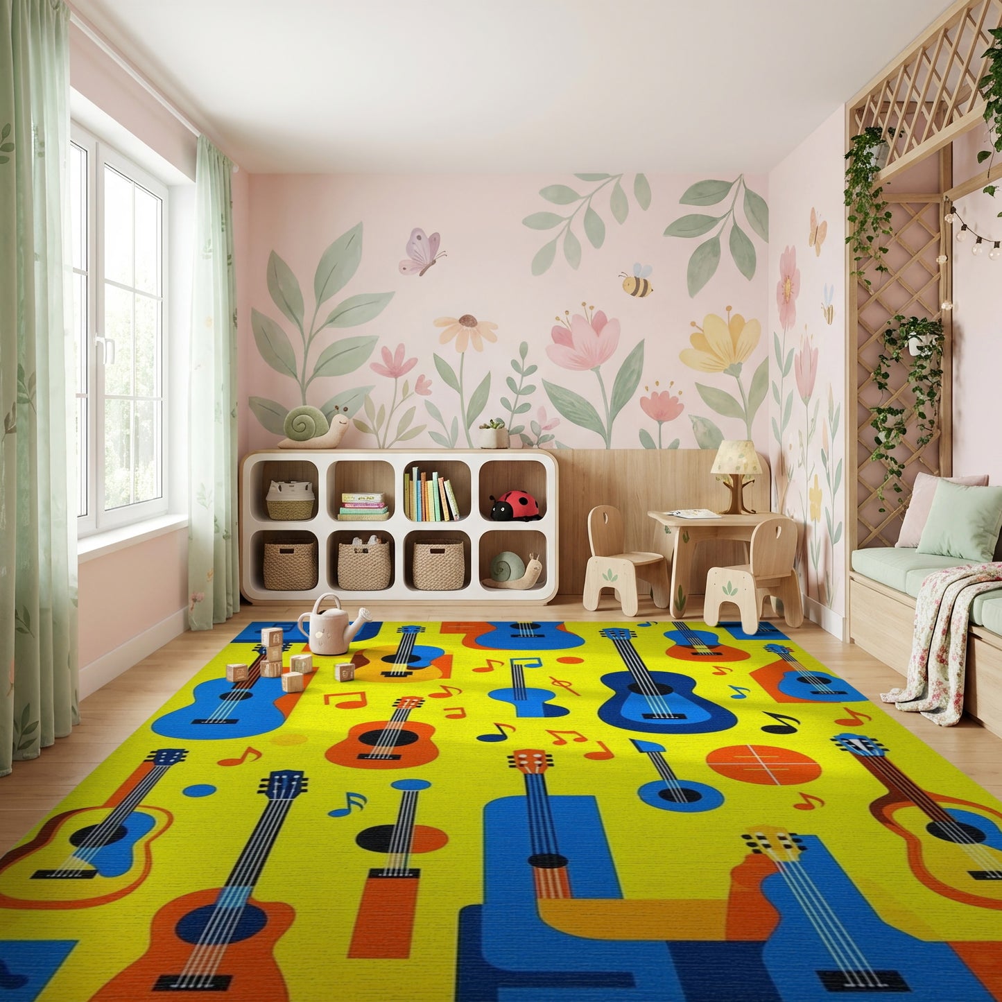 Vibrant Blue Orange Guitars Notes Rug