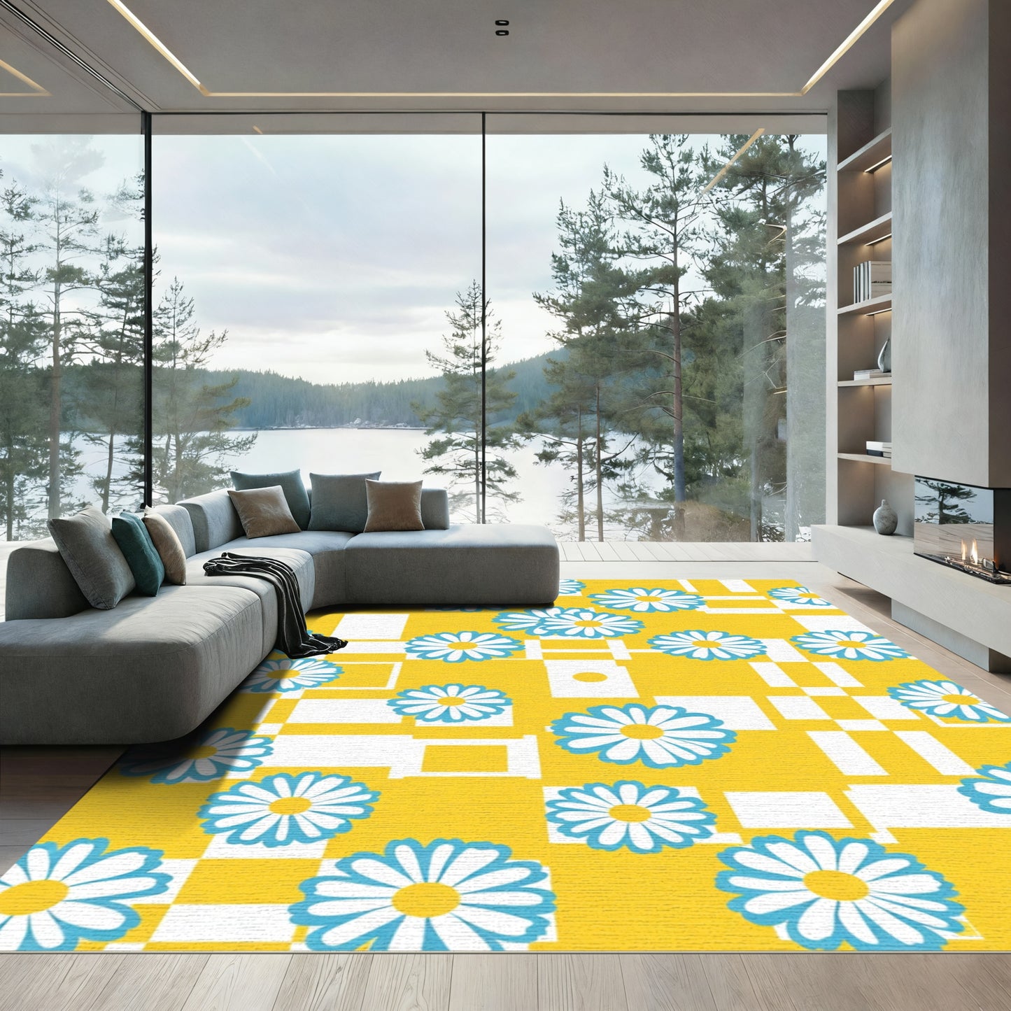 Daisy Squares Yellow Blue Rug
