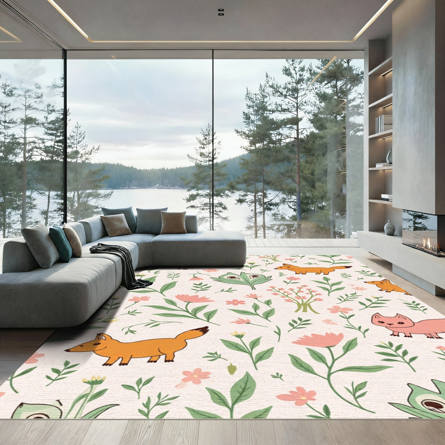 Whimsical Foxes Floral Garden Rug