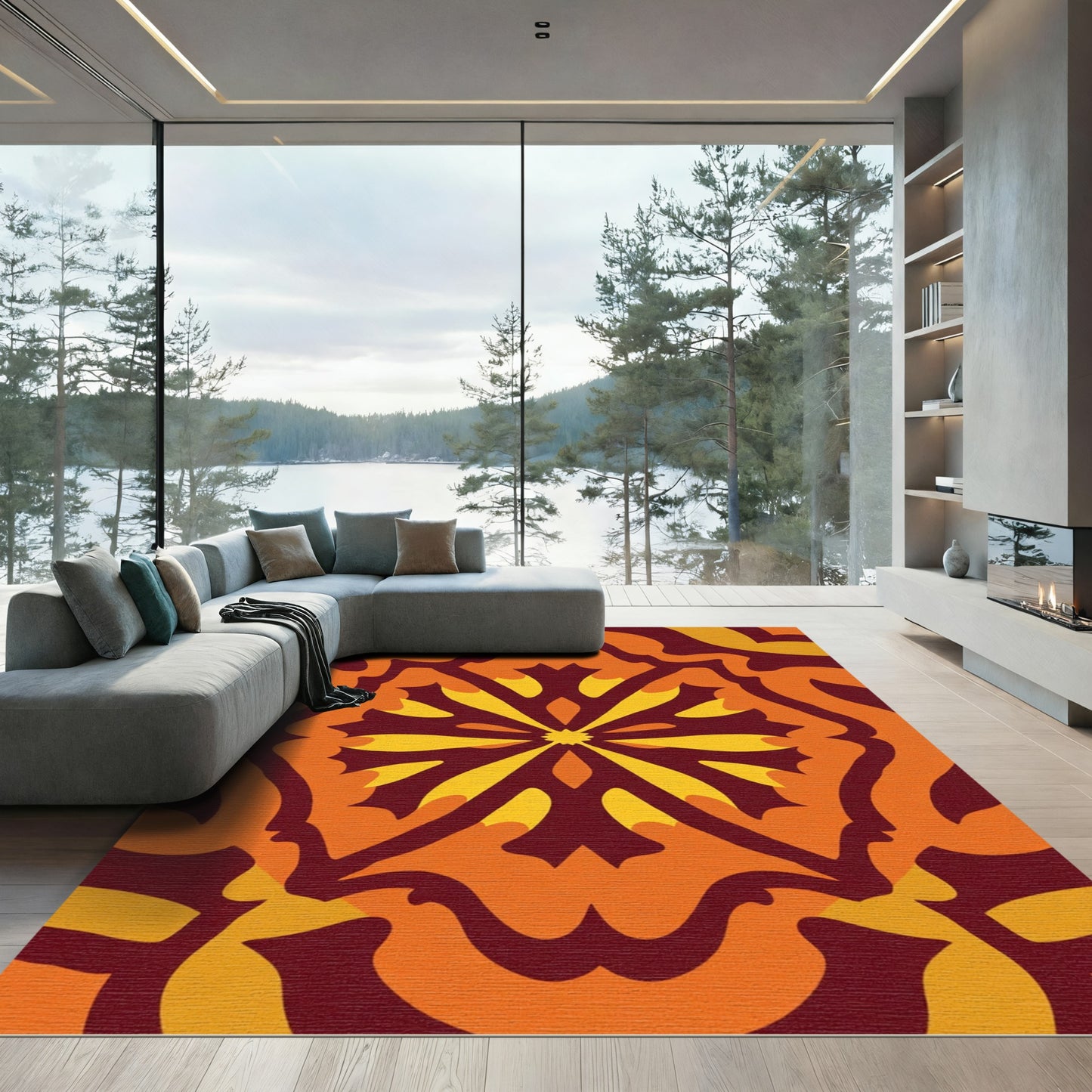 Crimson Amber Sunburst Medallion Rug