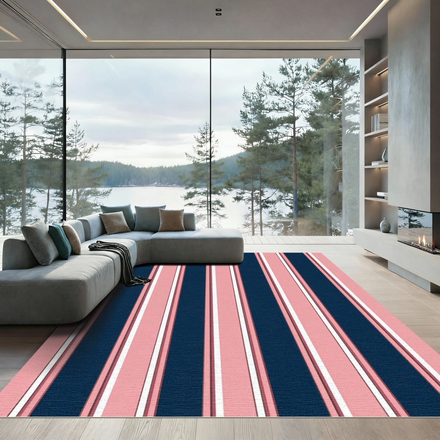 Navy Pink White Vertical Stripe Rug