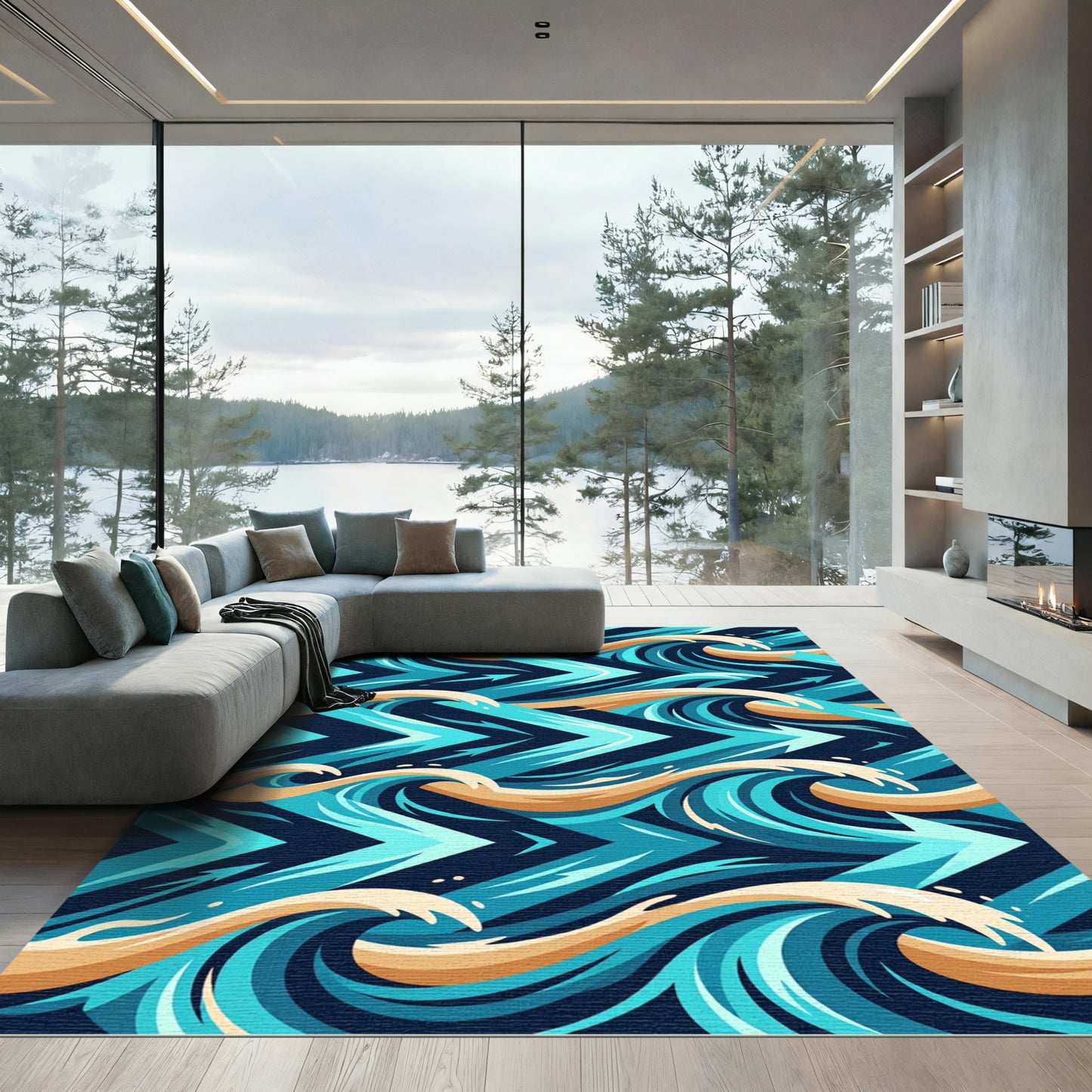 Dynamic Teal and Gold Wave Flow Rug