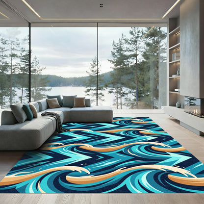 Dynamic Teal and Gold Wave Flow Rug