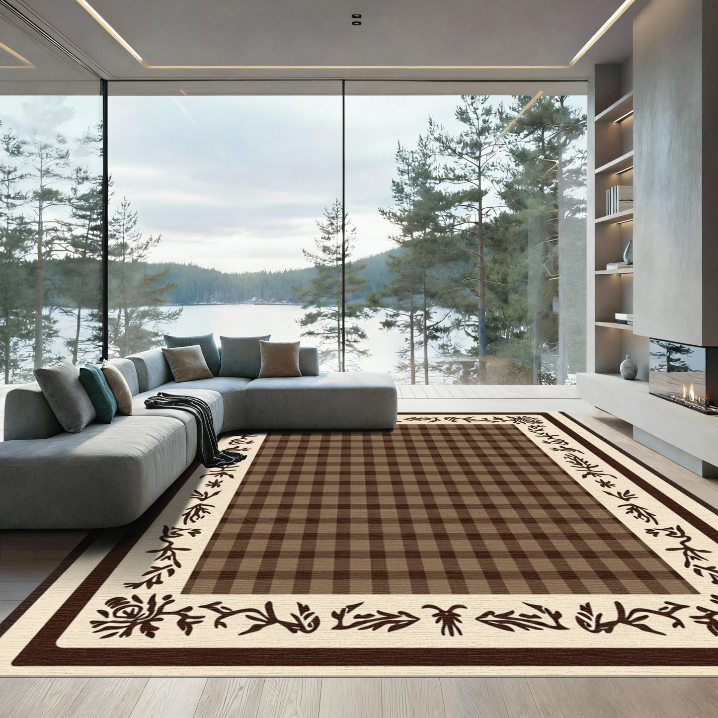 Vintage Brown Gingham Floral Border Rug