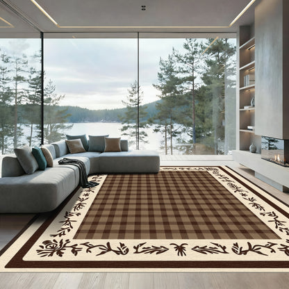 Vintage Brown Gingham Floral Border Rug