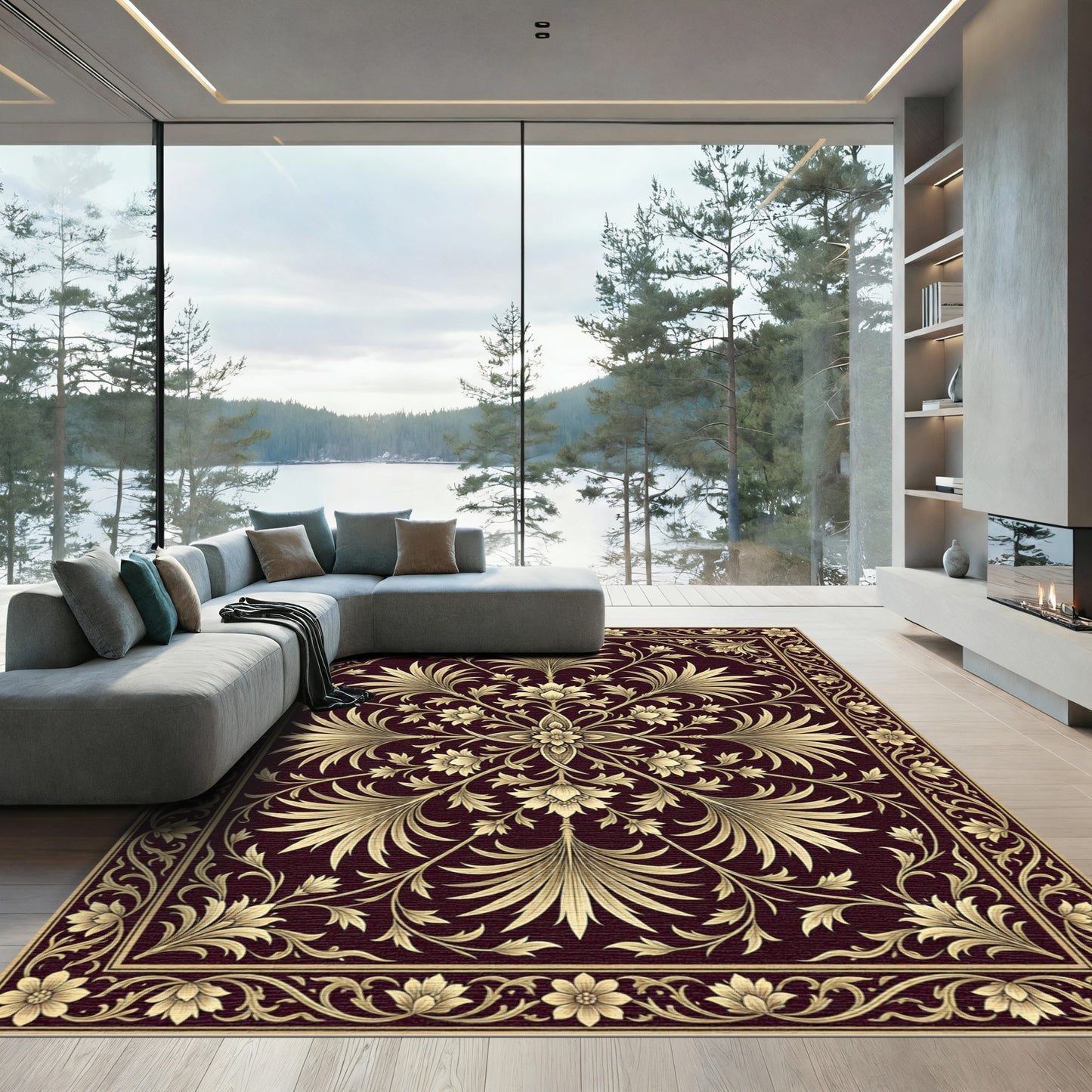 Ornate Gold Floral Symmetry on Burgundy Rug