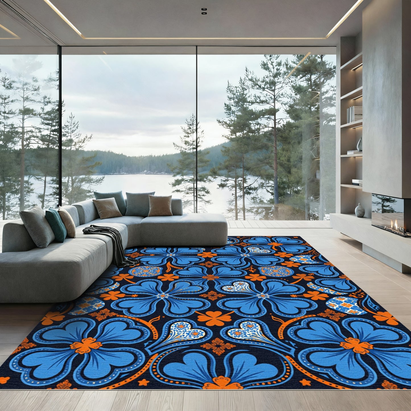 Vibrant Blue Orange Clover Swirls Rug