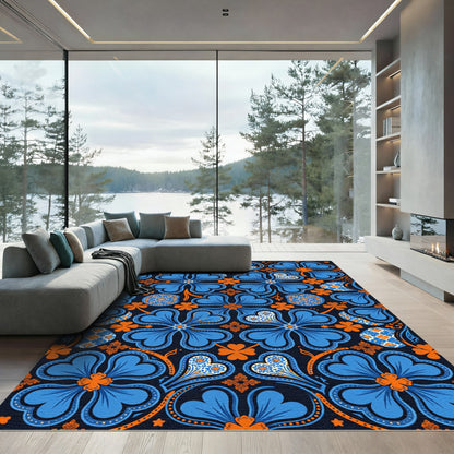 Vibrant Blue Orange Clover Swirls Rug