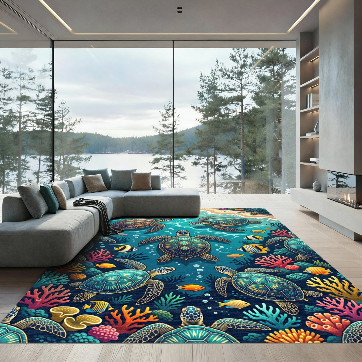Vibrant Teal Sea Turtle Coral Reef Rug