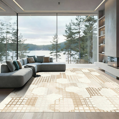 Neutral Tan Geometric Layered Hexagons Rug