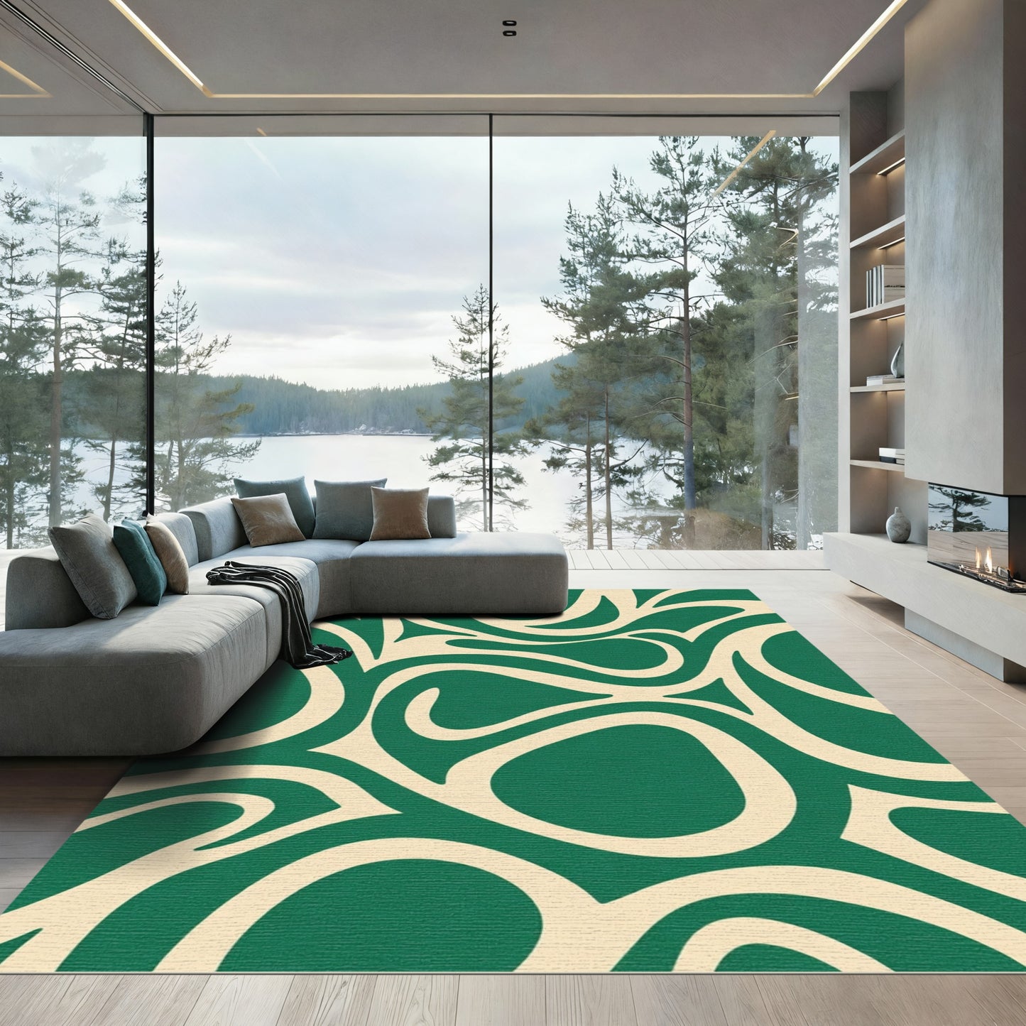 Emerald Cream Abstract Swirl Rug