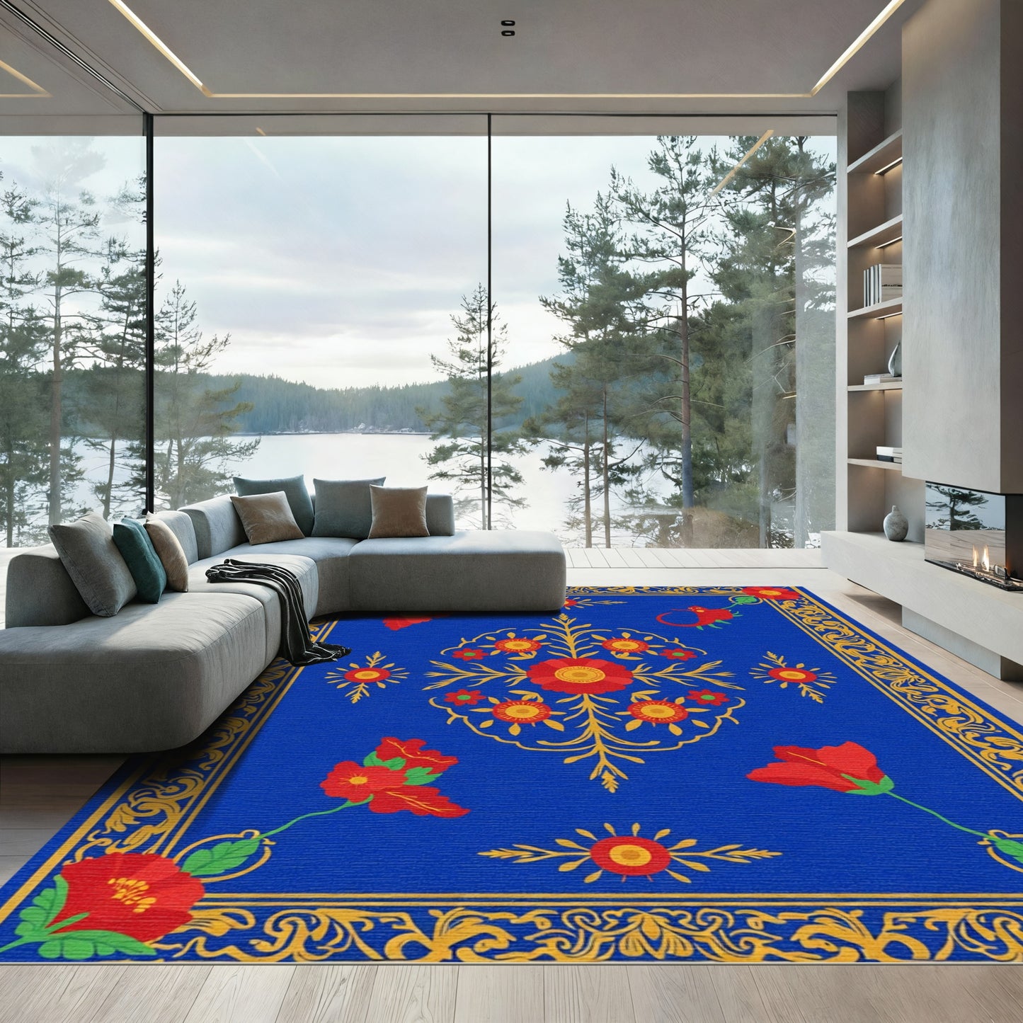 Vibrant Red Floral Medallion Blue Rug