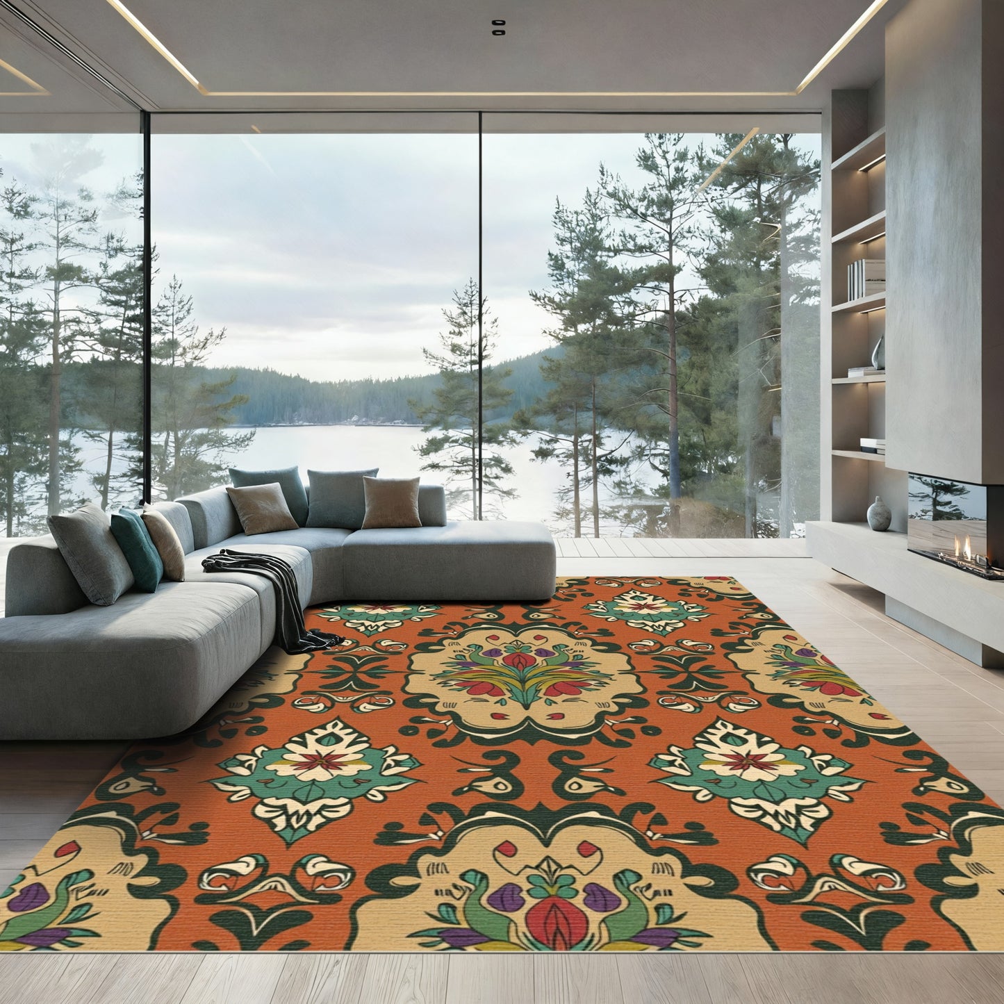 Rich Amber Floral Damask Accent Rug
