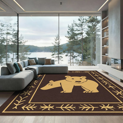 Brown Gold Folk Bear Border Rug
