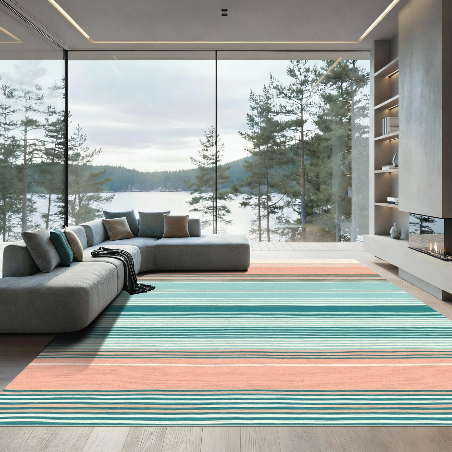 Coral Blue White Striped Bands Rug